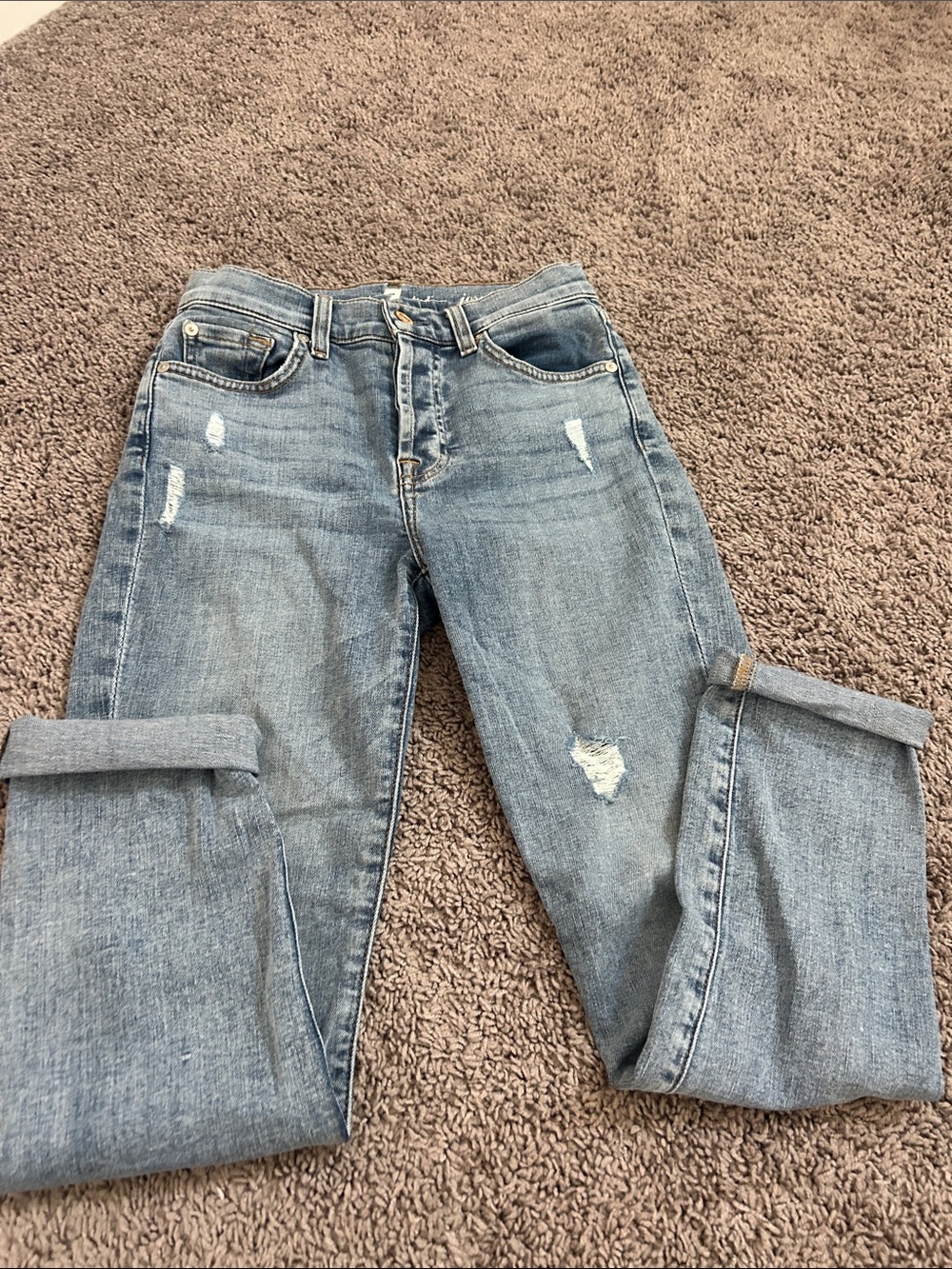 7 For All Mankind Light Blue Boyfriend Jeans with Distressed Details